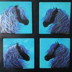 Hand Crafted Painted Cerulean Blue Metallic Horses Coasters Home Decor Interior